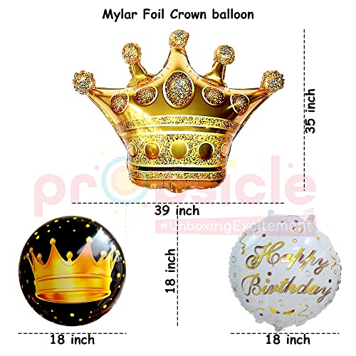 Image of Propsicle Golden Crown Foil Balloon Set of 5 for Birthday Decoration, Includes 1 Crown with 2 Black and 2 White Round Foil Balloons, Prince Princess Theme for Kids and Adults Celebration Backdrop