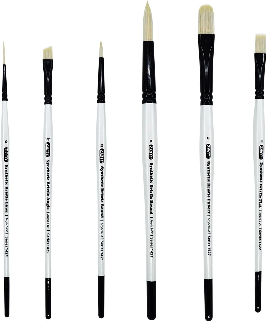 ZEM Brush White Hog Bristle Synthetic Combo Rounds, Flat, Filbert, Angle, Liner Artist Brush Set 6 pcs | Acrylic and Oil