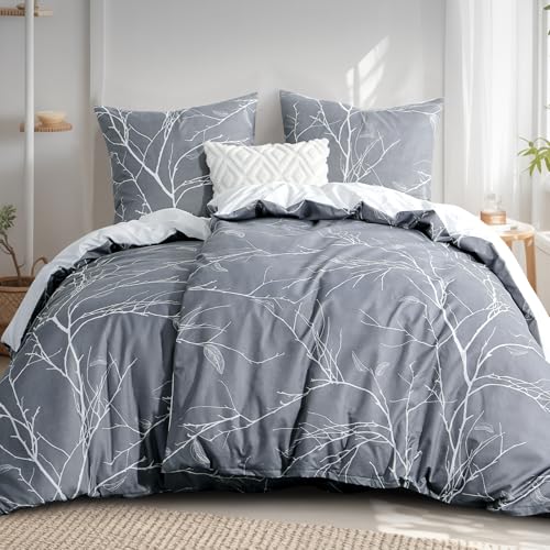 RUIKASI Bettwäsche 135x200 Zweige 4teilig - Grau Bettbezug 135 x 200, Mikrofaser Bettwäsche-Sets mit 2 Kissenbezügen 80x80cm Reißverschluss, Weich...