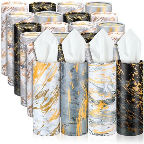 Image of Thenshop 24 Pack Car Tissue Holder 3 Ply Facial Tissue Bulk Marble Modern Tissues Cylinder Travel Round Boxes Fits Car Cup Holders Small Tissues Container for Home Bathroom Everyday Refill