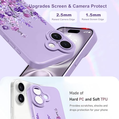 Image of Designed for iPhone 16 Case Floral for Women Girls, Purple | Cute Oil Painting Flower Pattern Liquid Silicone Phone Case [Full Camera Protection] Slim Soft TPU Protective Cover