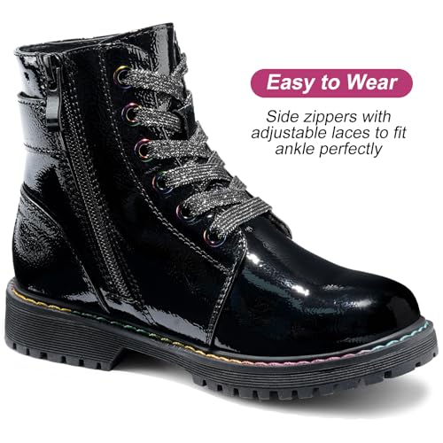 Dodow Girls Ankle Boots Glitter Combat Booties Zipper Lace Up Winter Dress Boots for Little Kid Big Kid2