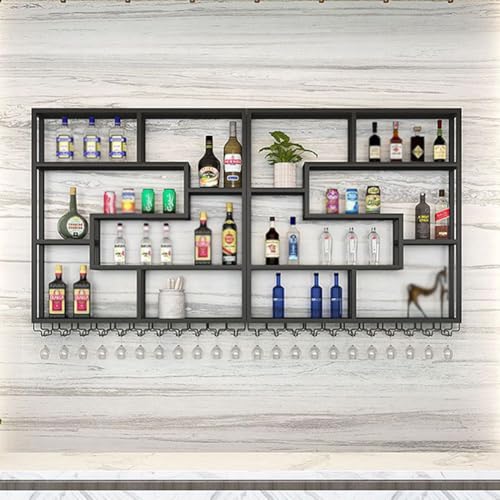 Casier à vin mural design métal noir support bouteilles verres suspendus