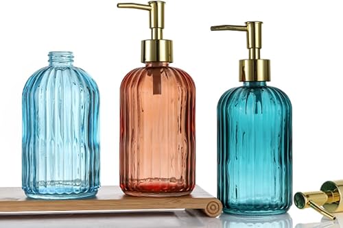 Miniatura 4 de Dispensador de jabón de vidrio naranja de 14 onzas con bomba a prueba de óxido, dispensador de botellas redondas Boston de rayas verticales,