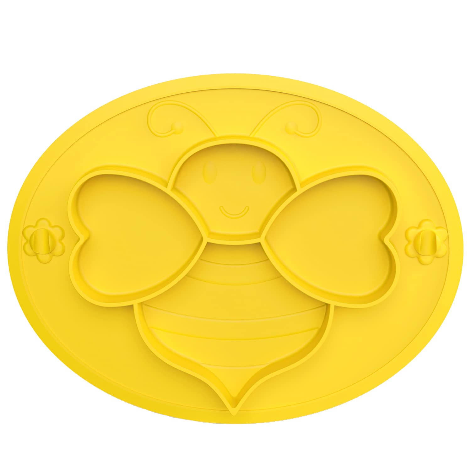 Toddler Plates with Suction - Silicone Cute Bee Baby Divided Plate - Self Feeding Kid Dish for Tables Highchairs Trays - Dishwasher and Microwave Safe (Yellow)