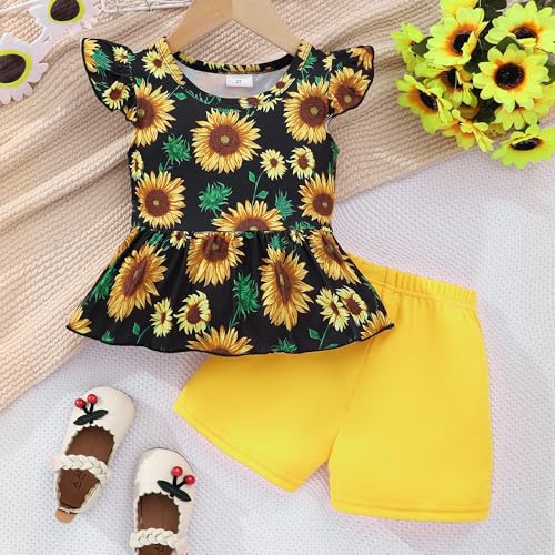 Image of Girls Summer Outfits Toddler Baby Girls Short Sets 2 Piece Clothing Set Flutter Sleeve Shirt and Short 2-7 Years