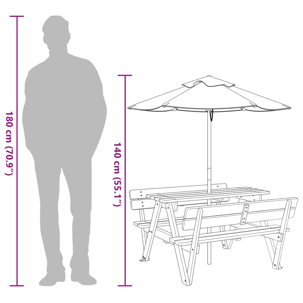 Tavolo da picnic per 4 bambini con ombrellone in legno di abete massiccio, tavolo da giardino per terrazza e balcone, tavolino stabile per mangiare, barbecue, feste e campeggio