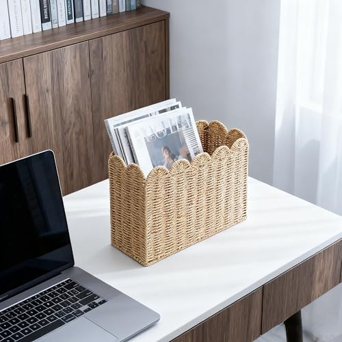 Scalloped Edge Magazine Holder Basket, Khaki Paper Rope Floor Magazine Rack, Woven Magazine File Holder Organizer for Mail, Newspapers & Books, Standing Narrow Storage for Home Office - Image 5