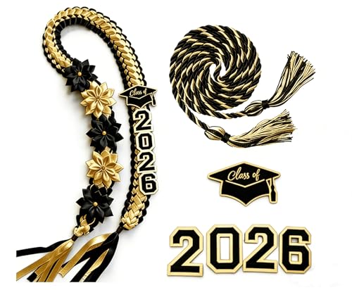 Nextholix Handmade 2026 Graduation Lei Red Black Ribbon Lei with Class of 2026 Cap Charm DIY Customizable Graduation Ceremony Photo Prop Gift for High School College Senior (Black Gold)