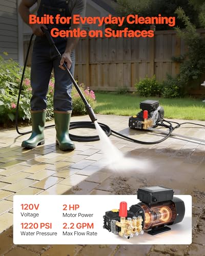Image of VEVOR Electric Pressure Washer Pump Kit, 1220 PSI, 2.2 GPM, Triplex Power Washer Pump with 2 HP Motor 120 V, Adjustable Water Pressure, for Washing Cars, Gardens, Exterior Walls, Machinery Equipment