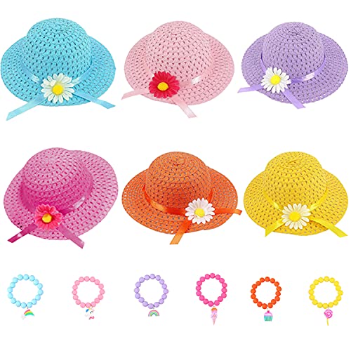 AIYUENCICI Tea Party Straw Hat 6 Girls Hats with Bracelet for Kids Dress Up Party Supplies