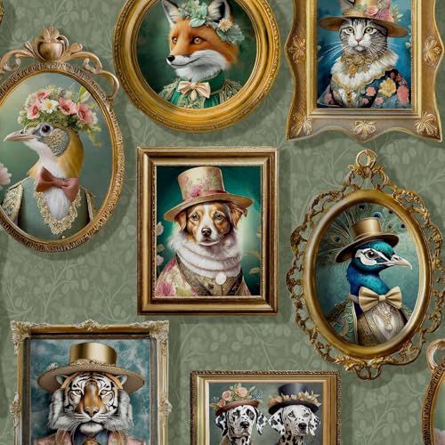 Regal Beasts Animaux Chiens Renards Paons en costumes Papier peint vert sauge pour murs et chambres, couloirs, salles de repos - Imprimé animal chien chat...