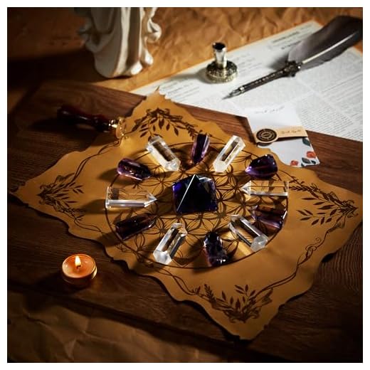 CHRONOSTELLARY Crystal Gift for Making Wishes – Crystal Grid with Sacred Geometry Flower of Life – Witchcraft Supplies Crystals – Crystal Set with Amethyst and Clear Quartz – Magic Gift