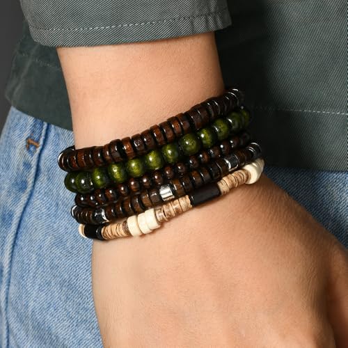 Set de 5 pulseras de cuentas de madera con encanto y borla miniatura 2