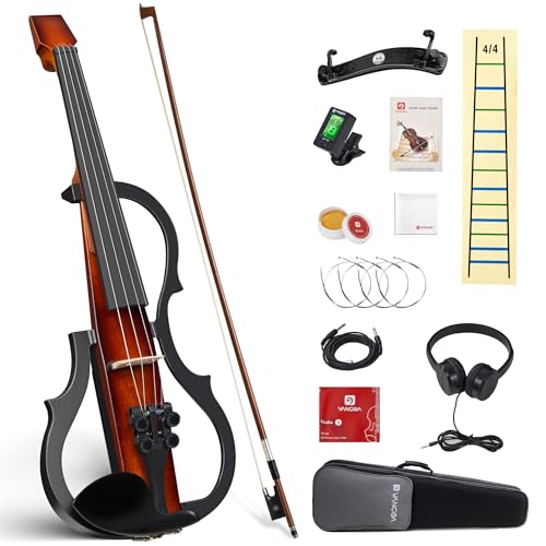 Vangoa Electric Violin 4/4 Full Size, Solid Wood Ebony Silent Violin with Professional Pickup...