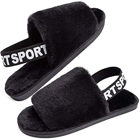 Eichzhushp Womens Leopard Fuzzy Slippers Soft Plush Open Toe Faux Fur House Slide Sandals Indoor Spa Bedroom Flat Shoes with Elastic Strap Cover
