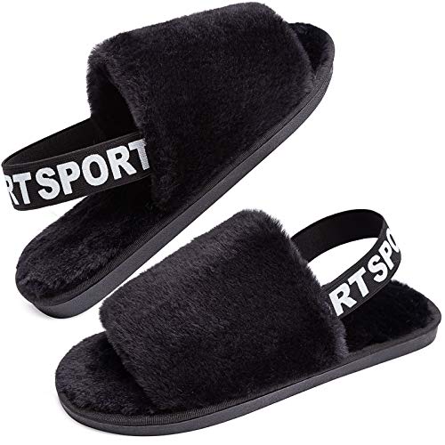 Womens Leopard Fuzzy Slippers Soft Plush Open Toe Faux Fur House Slide Sandals Indoor Spa Bedroom Flat Shoes with Elastic Strap