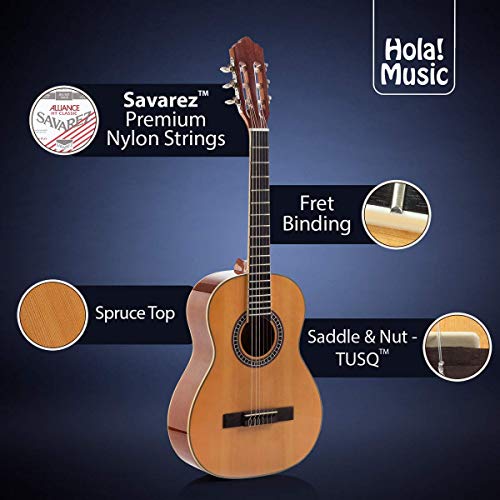 Classical Guitar with Soft Nylon Strings by Hola! Music, Junior 3/4 Size 36 Inch Model HG-36GLS, Natural Gloss Finish - FREE Padded Gig Bag Included