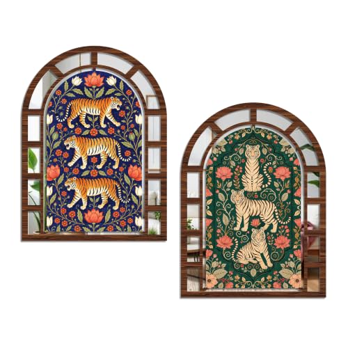 Image of Artvibes Nature-Inspired Tiger & Floral Theme Home Decoration | Jharokha Mirror Wall Hanging for Living Room, Hall, Bedroom, Dining Room & Entrance | Gift (WHJ 12048N), Set of 2