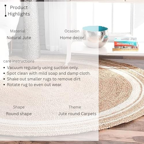 Image of Rounds Jute Carpet - Handwoven Natural Fiber Rug for Living Room, Bedroom, Entryway | Boho Chic Eco-Friendly Area Rug | Rustic Designer Floor Mat:-(Jute White Design, 3x3 feet