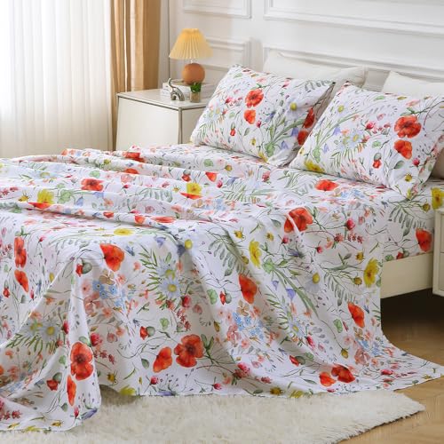 Image of MUXHOMO King Size 4 Piece Sheet Set, Soft & Breathable Sheet Set for Bedroom with Deep Pocket Up to 16 inch, Wrinkle-Free & Cooling Bed Sheets with Flat Sheet, Fitted Sheet & Pillowcases - Spring Flower