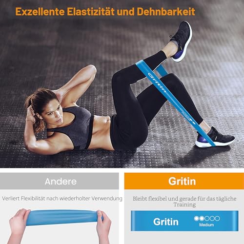 Gritin Fitnessbänder [5er Set] Widerstandsbänder mit 5 Stufen, 100% Latex Fitnessband Resistance mit Deutscher Übungsanleitung & Tragebeutel, Gymnastikband für Muskelaufbau, Yoga, Pilates