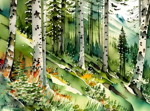 Poster de forêt de montagne tôt le matin en aquarelle 58x90 cm pour déco murale