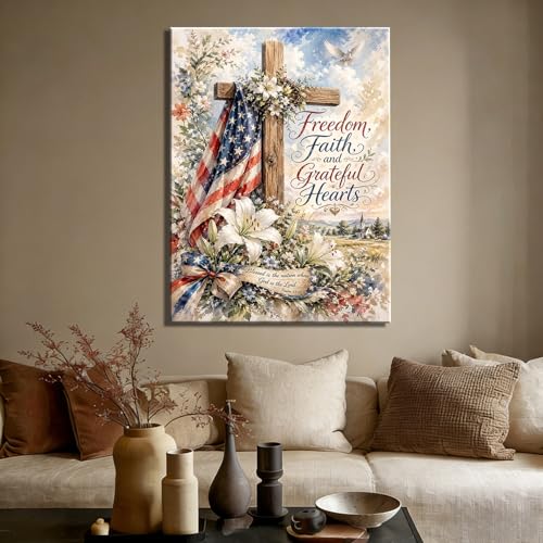Image of RIBNTAK 4th of July Wall Art Canvas Prints Pictures Patriotic Christian Artwork American Flag Cross Decor Faith Freedom Religious Canvas Art for Living Room Bedroom Office Farmhouse Home Decorations