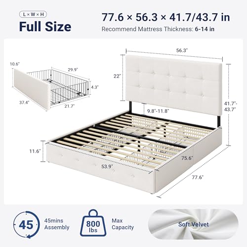 Image of Allewie Upholstered Full Size Platform Bed Frame with 4 Storage Drawers and Adjustable Headboard, Square Button Tufted, Wooden Slats Support, Noise-Free, No Box Spring Needed, Easy Assembly, White