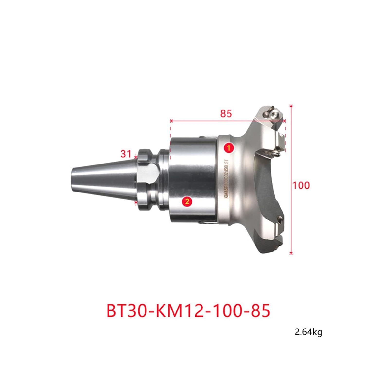 BT30-KM12-100-85 Face End Mill, Shoulder Milling Cutter Stainless Steel Body Tool Holder Set CNC Milling