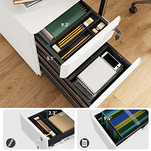 Image of YITAHOME 3-Drawer Metal Filing Drawers with Keys, Compact Slim Portable File Pre-Built Office Storage Cabinet for A4 /Letter /Legal (White)
