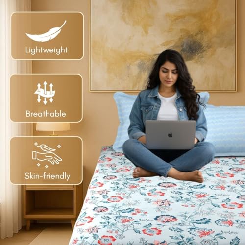 Image of Mafatlal Luxe Lilac 140 GSM Soft Microfiber Double Bedsheet with 2 Pillow Cover for Queen Size Bed, 90x100 Inch - Sky Blue, Lightweight, Cozy & Durable
