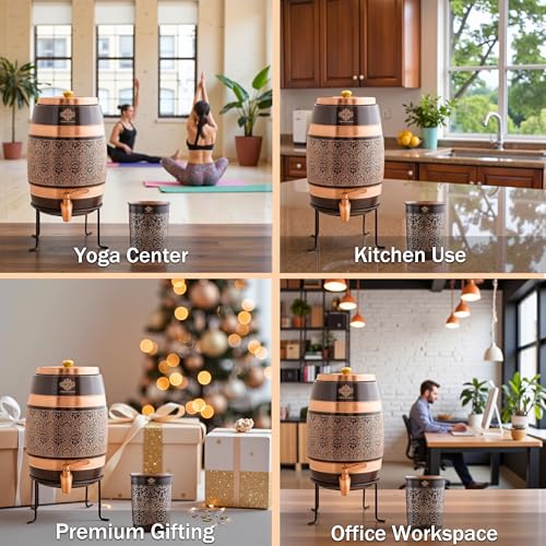 Image of Indian Art Villa Copper Water Carafes with Embossed & Black Printed Design - 5 Liter Water Carafes with Stand, Tap & Glass (275 ML), Ayurvedic Drinkware for Home, Office, Gifting & Daily Hydration