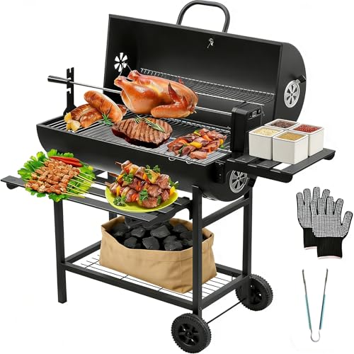 TEENO Barbecue a Carbonella con Griglia XXL, Carrello Grill con Girarrosto per Pollo, Due Pannelli laterali in Ghisa, Coperchio, Ruote, Pinze e Guanti,Griglia a Carbone per Giardino,Terrazza,Campeggio
