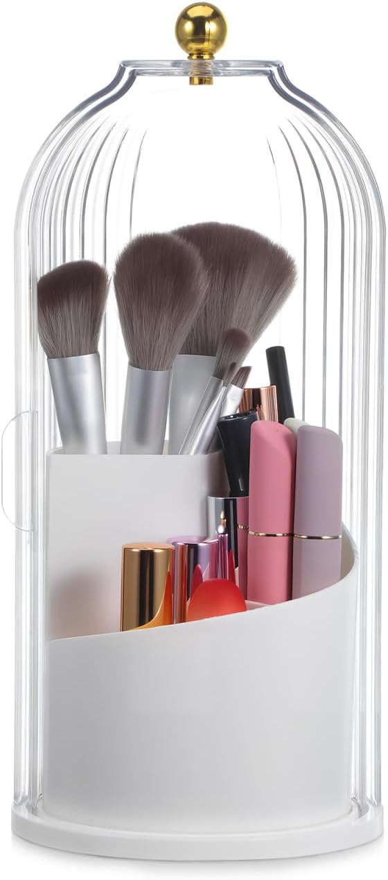 NOLITOY Concealed Toothbrush Holder, Rotating Makeup Brush Organizer with Sliding Lid Dustproof Waterproof Toothpaste Storage for Counter Bathroom (White)