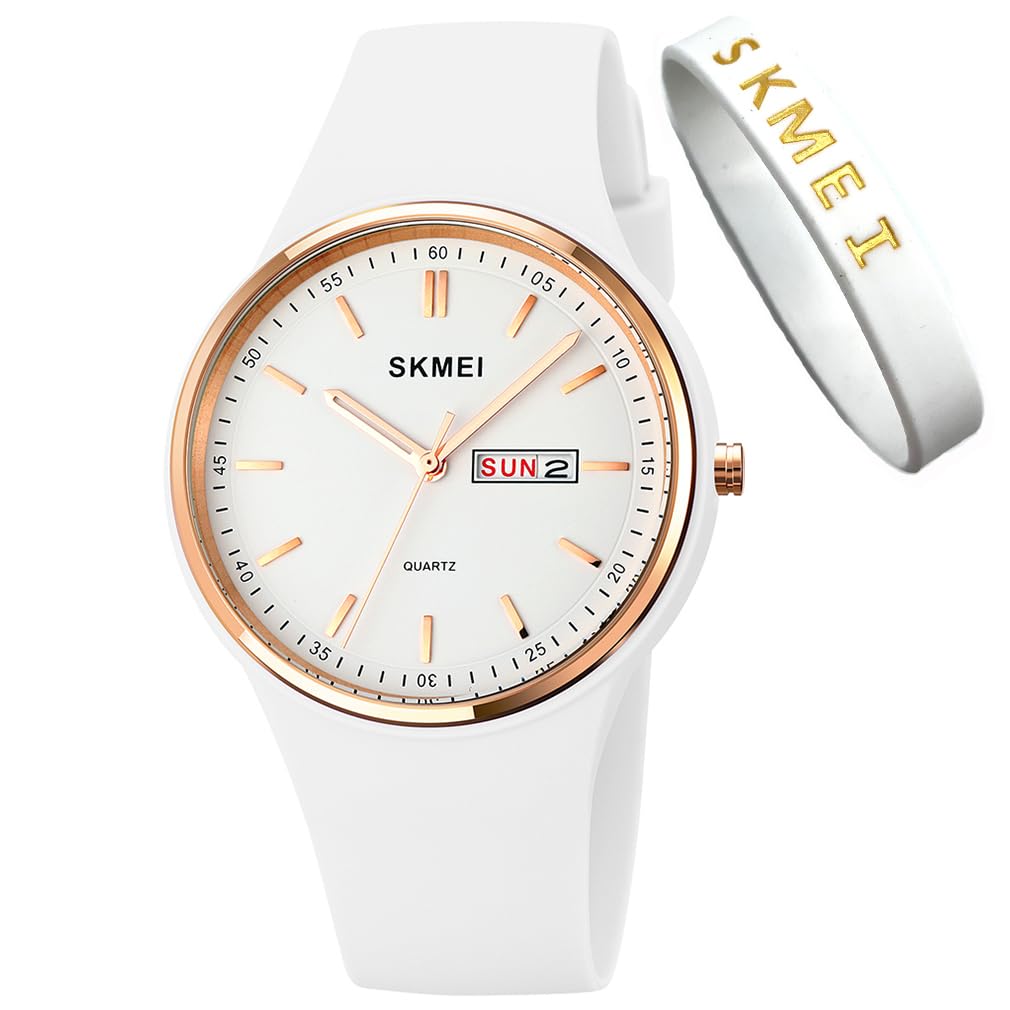 SKMEIWatches for Young Women Lady Sports Silicone Band Big Face Large Waterproof Fashion Casual Simple Quartz Analog Day Date Girls Gift White Wrist Watch