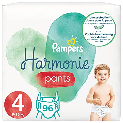 Pampers Pantalones Harmony talla 4 (9-15 kg) 0% compromiso, 100% absorbencia, ingredientes a base de plantas, fácil de cambiar, 96 pañales (paquete de 4 x 24)