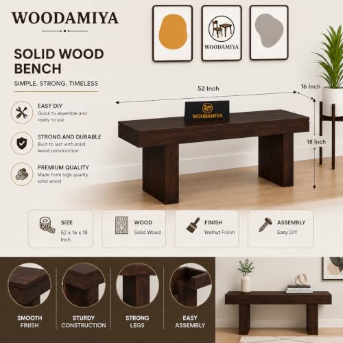 Image of Strong & Durable Solid Wood Bench for Home, Office & Waiting Area | Multipurpose Bench with Comfortable Seating | Up to 320 kg Seating Capacity | Walnut Finish | 52x16x18 Inch | Easy DIY