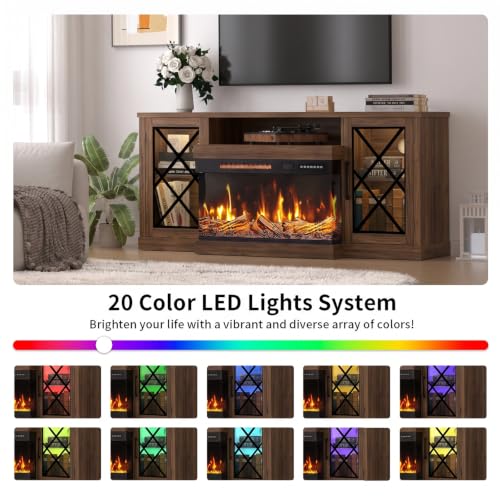 Image of BREEZEHEAT Fireplace TV Stand for TVs up to 70 inch, 3-Sided Electric Entertainment Center with 24 inch LED Fireplace, Media Console w /Storage Cabinet & Glass Doors, 59Inch, Walnut