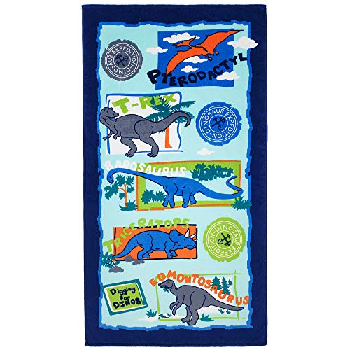 Softerry - Dinosaurs Beach Towel 28 x 51 inches 100% Cotton - T-Rex Soft and Colorful Towel for Kids (Digging for Dinos 1 Towel 28 x 51)