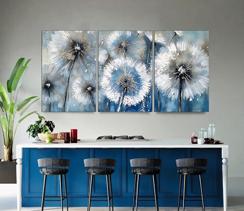Midnight Dandelion Blues 3-Panel Large Canvas Print, Whimsical Mystical Spring