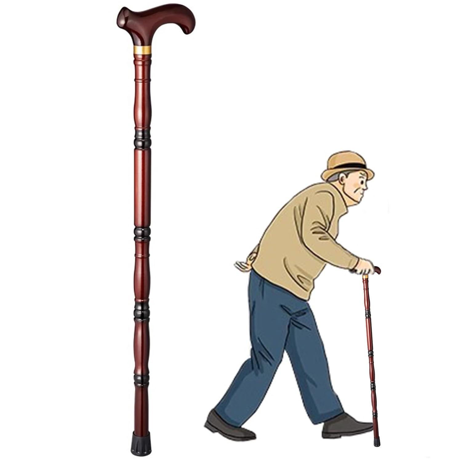 Drewniana laska do chodzenia, ręcznie rzeźbiona drewniana laska z gumową końcówką, mocna i stabilna, udźwig 300 funtów, ergonomiczna laska dla seniorów (brązowo-czerwona nr 2)