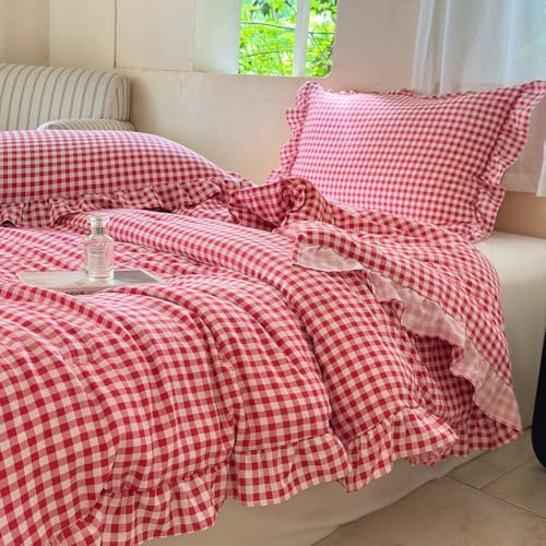 Image of NSNLGSGC Red Ruffle Gingham Comforter Set Queen, Pre-Washed Ruffled Plaid Checked Comforter Bedding, 3 Pieces Vintage Farmhouse Grid Bedding Set(Red Gingham, Queen)