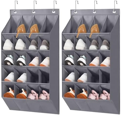 STORAGE MANIAC 2 Pack Over Door Shoe Organizers 20 Large Pockets Hanging Organizers Shoes Rack Doors Closet Shoe Organizer Wall, Dorm & Narrow Doors Storage Shoe Holder Over Door Organizer Grey