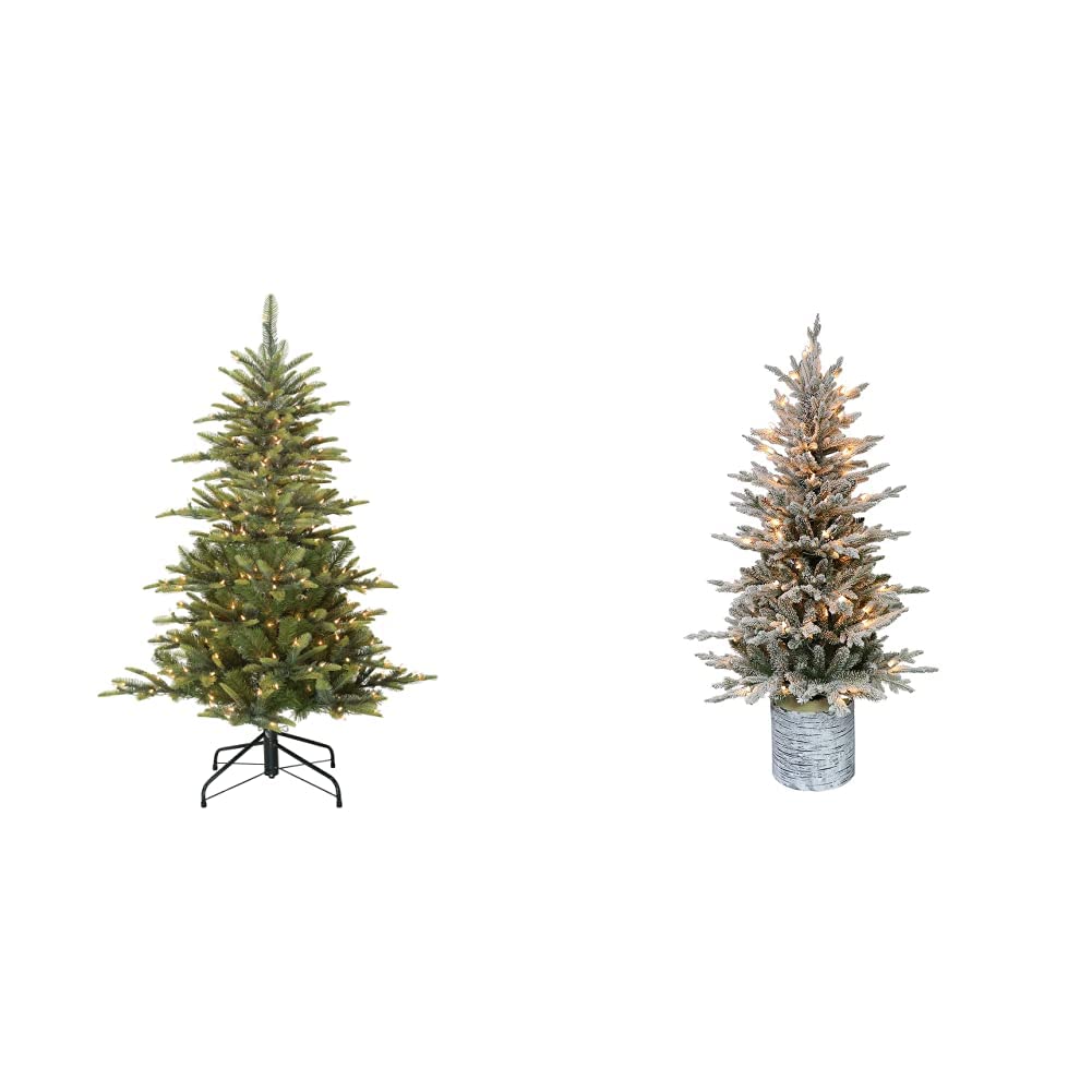 Puleo International 4.5 Foot Pre-Lit Aspen Fir Artificial Christmas Tree with 250 UL Green & 4.5 Foot Pre-Lit Potted Flocked Arctic Fir Artificial Christmas Tree with 70 UL-Listed Clear Lights