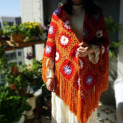 Handmade Crochet Fringed Poncho Cape Tassels Shawls Wraps Granny Square Womens Coat Sweater 68x42in3