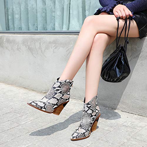 MIOKE Women's Western Chelsea Ankle Boots Pointed Toe Zipper Serpentine Chunky Block High Heel Dressy Booties3