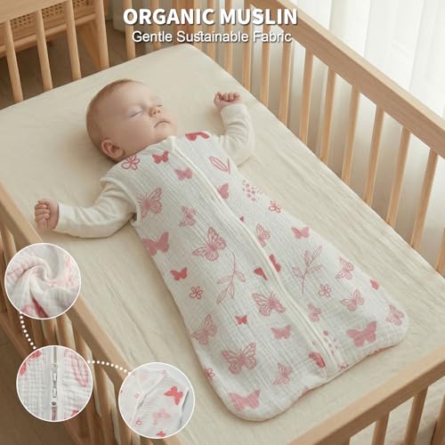 Image of BSTOPPT 2 Pack Baby Sleep Sack 18-24 Months 100% Organic Cotton Muslin Baby Sleeping Bag 2-Way Zipper Wearable Blankets TOG 0.3 (Gray & Pink Butterfly, X-Large)