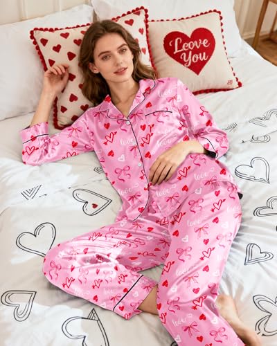 Image of Silky Pajamas for Women 2 Piece Long Sleeve Pj Sets Women's Satin Sleepwear Button Down Loungewear Set