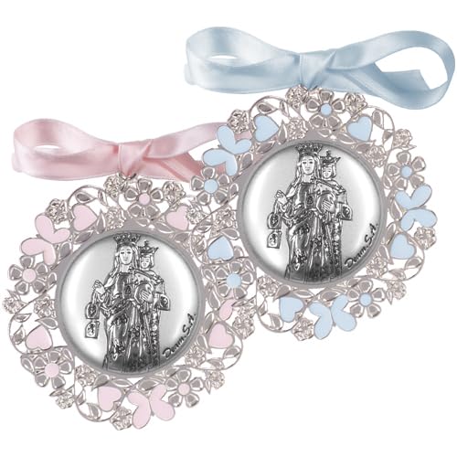 Medallón Metálico, Plateado y Esmaltado Ø6 cm, con Aplique Laminado en Plata de Ley 925‰ de La Virgen del Carmen. Con Opción de Personalizado. (09605-8)